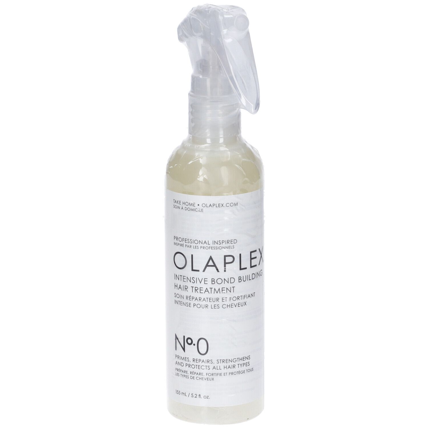 Olaplex No. 0 Intensive Bond Building haarbehandeling in een doorzichtige spuitfles.
