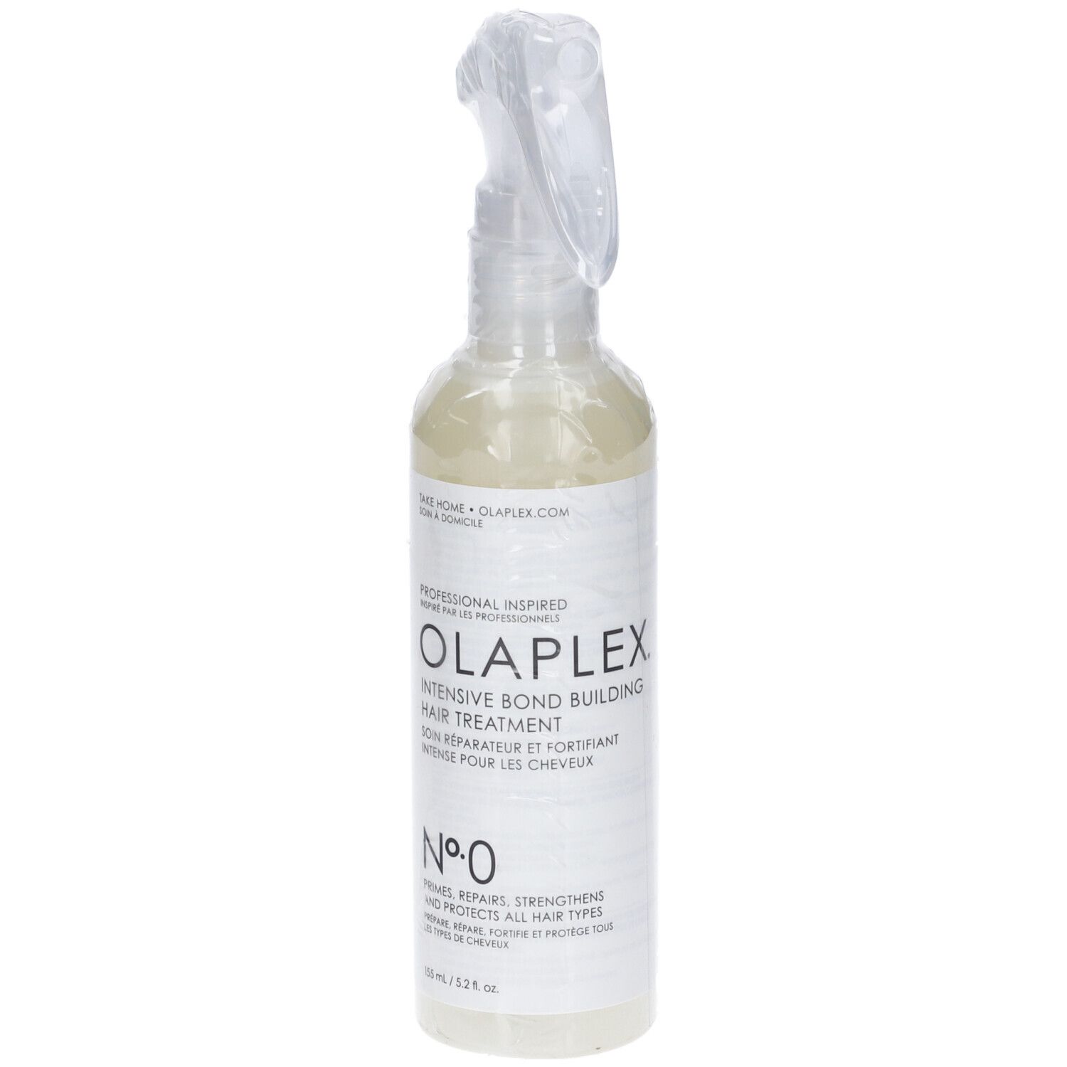 Olaplex No. 0 Intensieve Bond Building Haarbehandeling in een doorzichtige spuitfles.