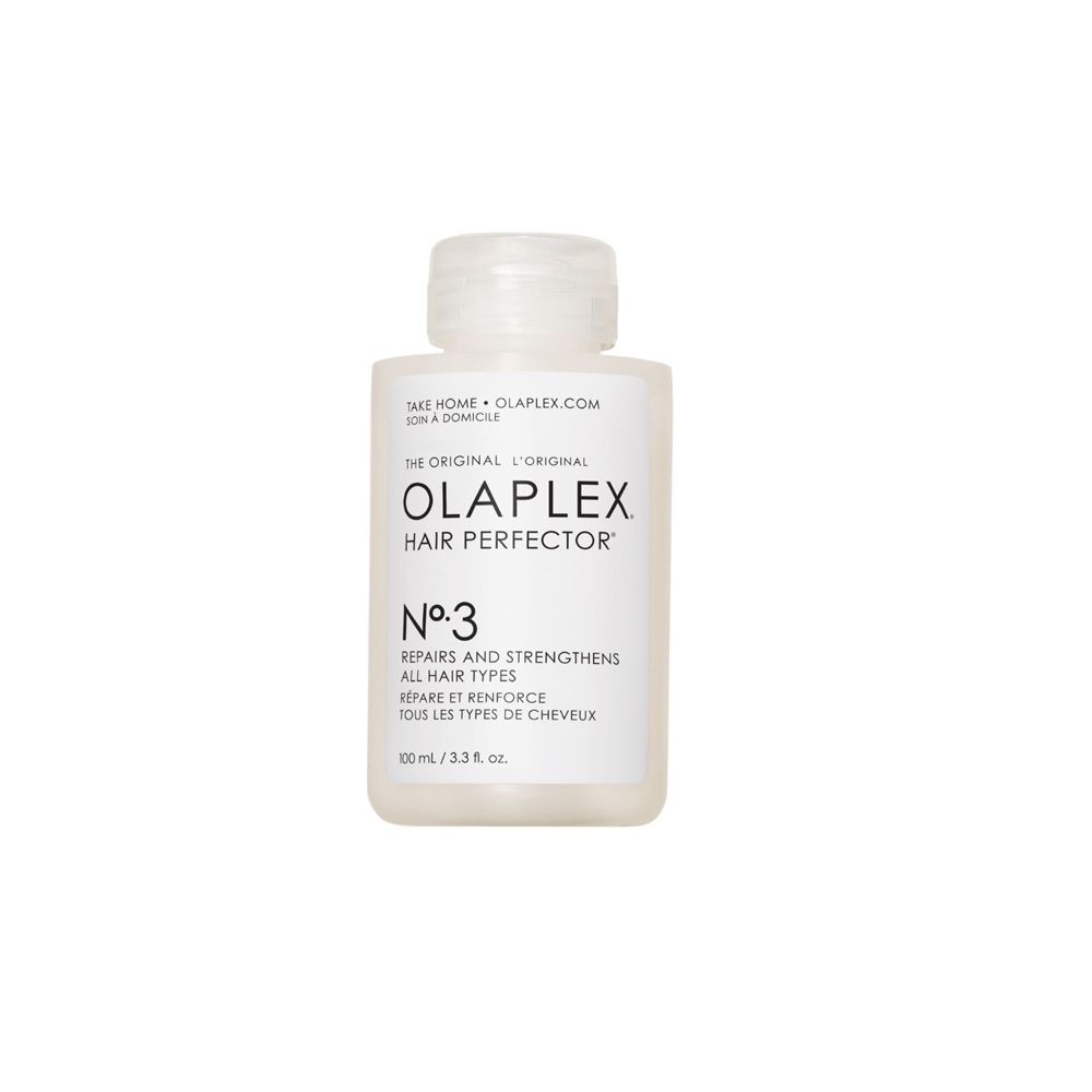 Olaplex No. 3 Hair Perfector fles. Witte, rechthoekige fles met witte dop. Tekst: Olaplex, No. 3, 100 ml.