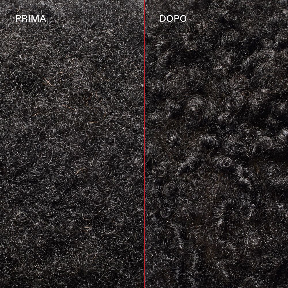 Comparaison des cheveux avant et après le traitement. Cheveux noirs et bouclés.