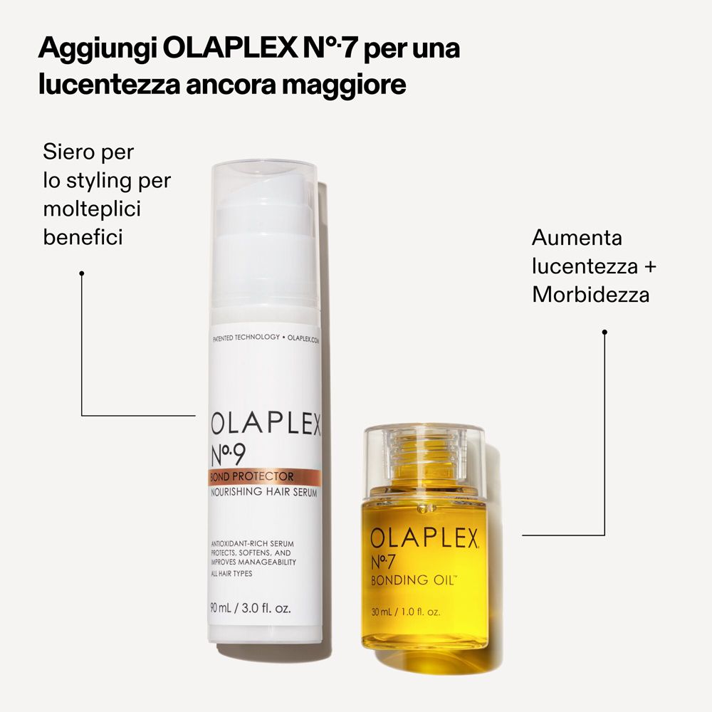 Deux produits : Olaplex No.9 et No.7. Texte et flèches indiquant les avantages.