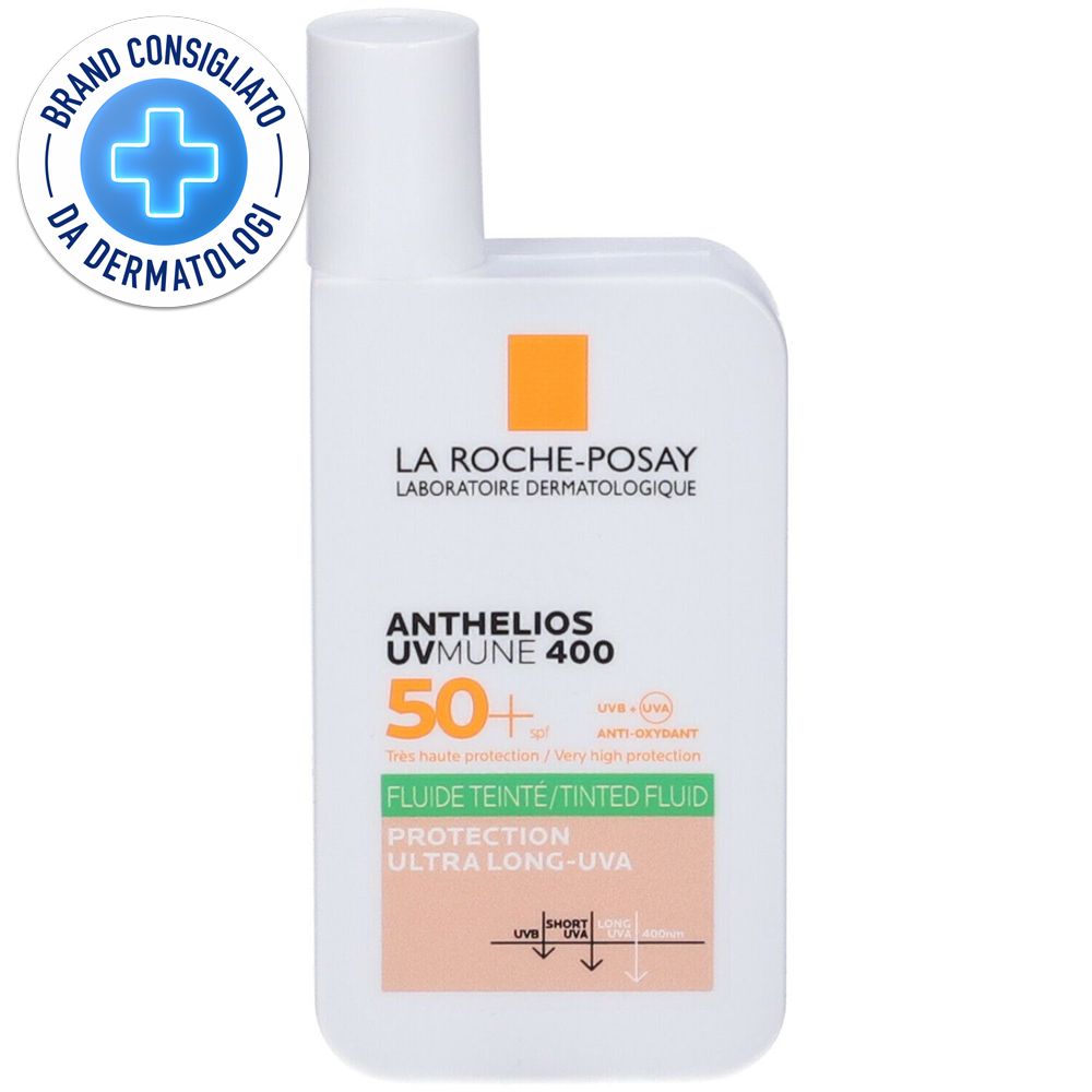 Flacon blanc de protection solaire. Inscription: Anthelios UVMUNE 400, SPF 50+. Logo "Brand Consigliato da Dermatologi".