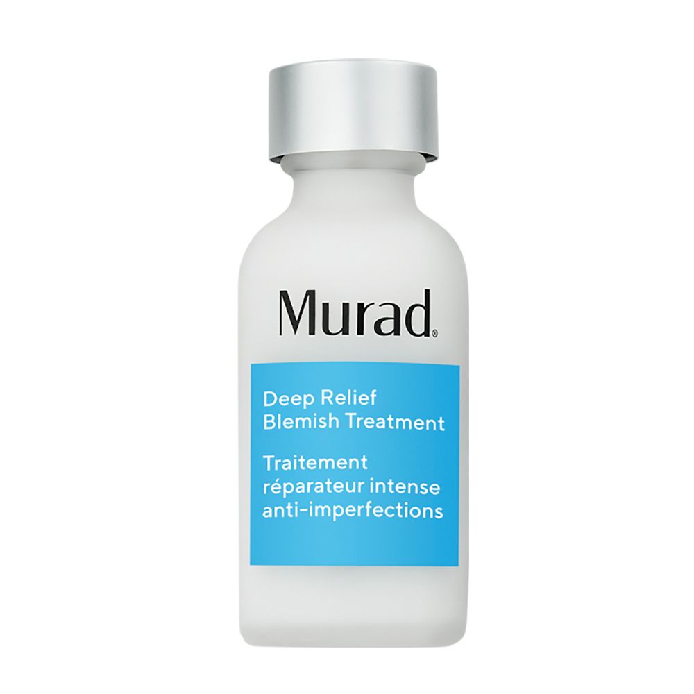 Murad Deep Relief Blemish Treatment. Flacon blanc, bouchon argenté. Étiquette bleue avec informations produit.
