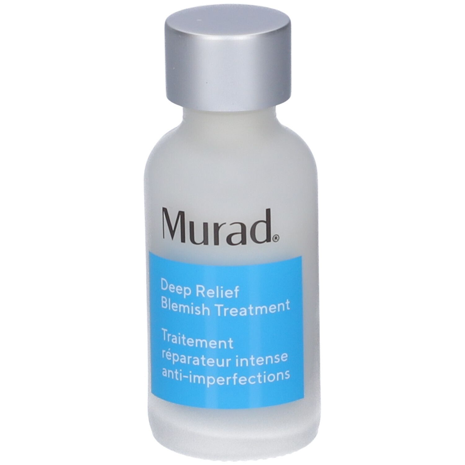 Murad Deep Relief Blemish Treatment. Flacon blanc, bouchon argenté. Étiquette bleue avec informations produit.