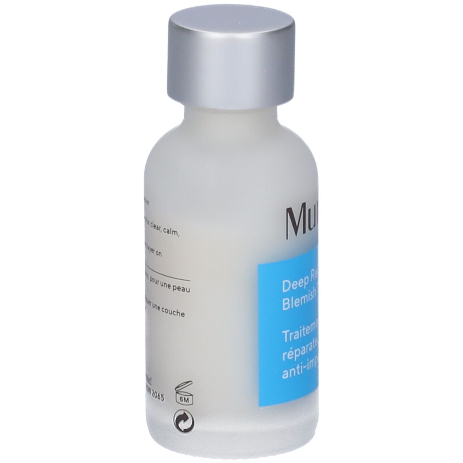 Murad Deep Relief Blemish Treatment. Flacon blanc, bouchon argenté. Dos avec texte.
