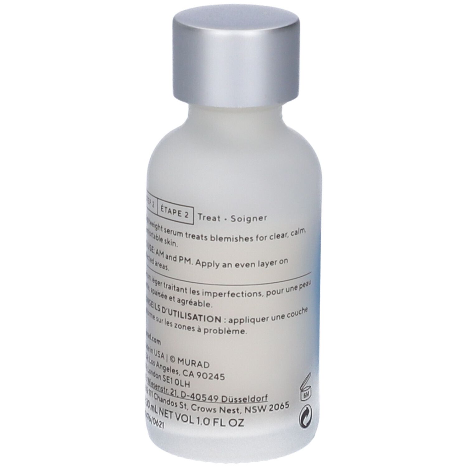 Murad Deep Relief Blemish Treatment. Flacon blanc, bouchon argenté. Dos avec texte.