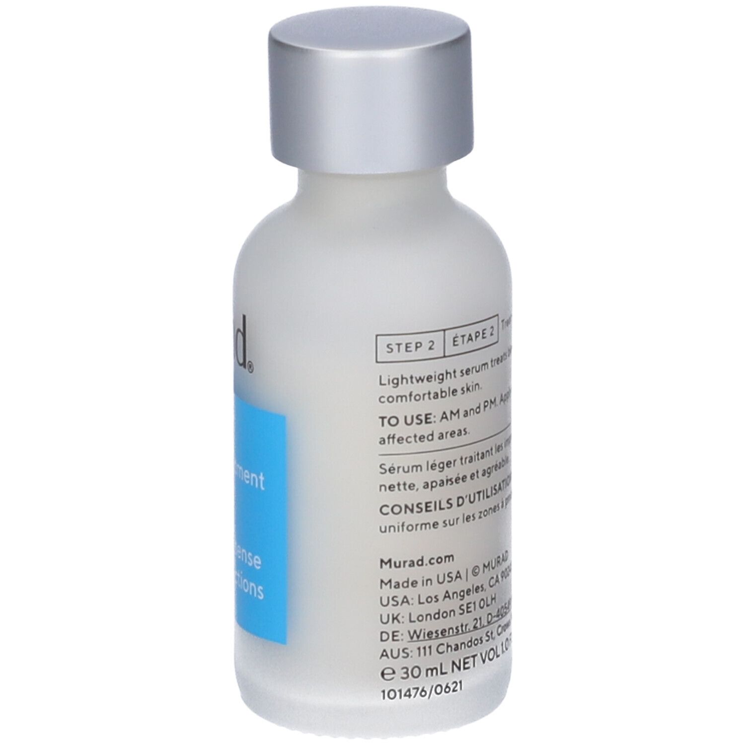 Murad Deep Relief Blemish Treatment. Flacon blanc, bouchon argenté. Dos avec texte.