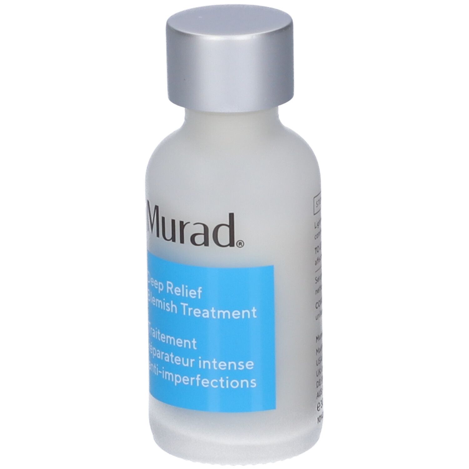Murad Deep Relief Blemish Treatment. Flacon blanc, bouchon argenté. Étiquette bleue avec informations produit.