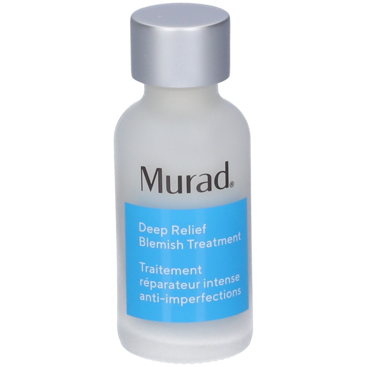Murad Deep Relief Blemish Treatment. Flacon blanc, bouchon argenté. Étiquette bleue avec informations produit.