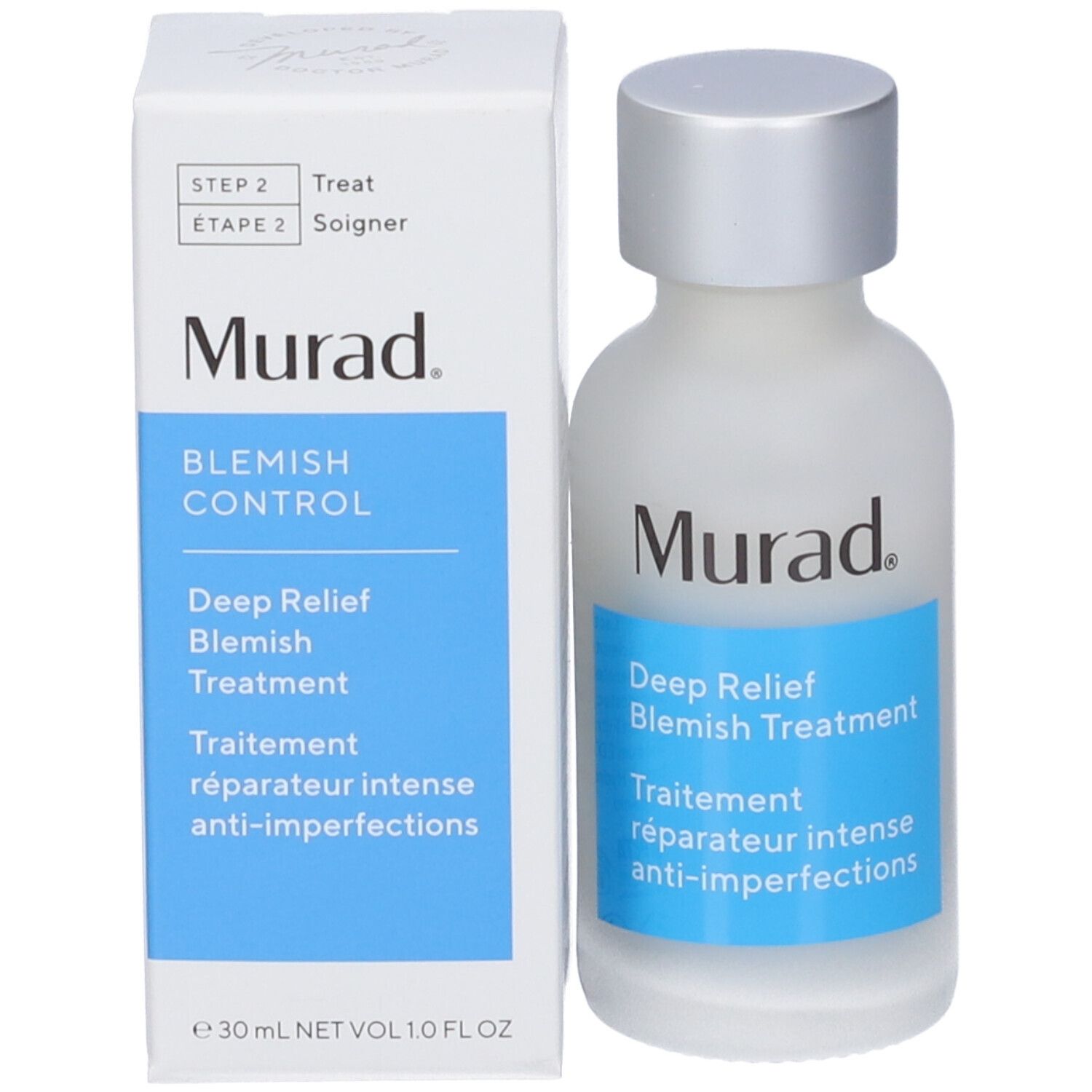 Murad Deep Relief Blemish Treatment. Flacon et emballage. Étiquette bleue avec informations produit.