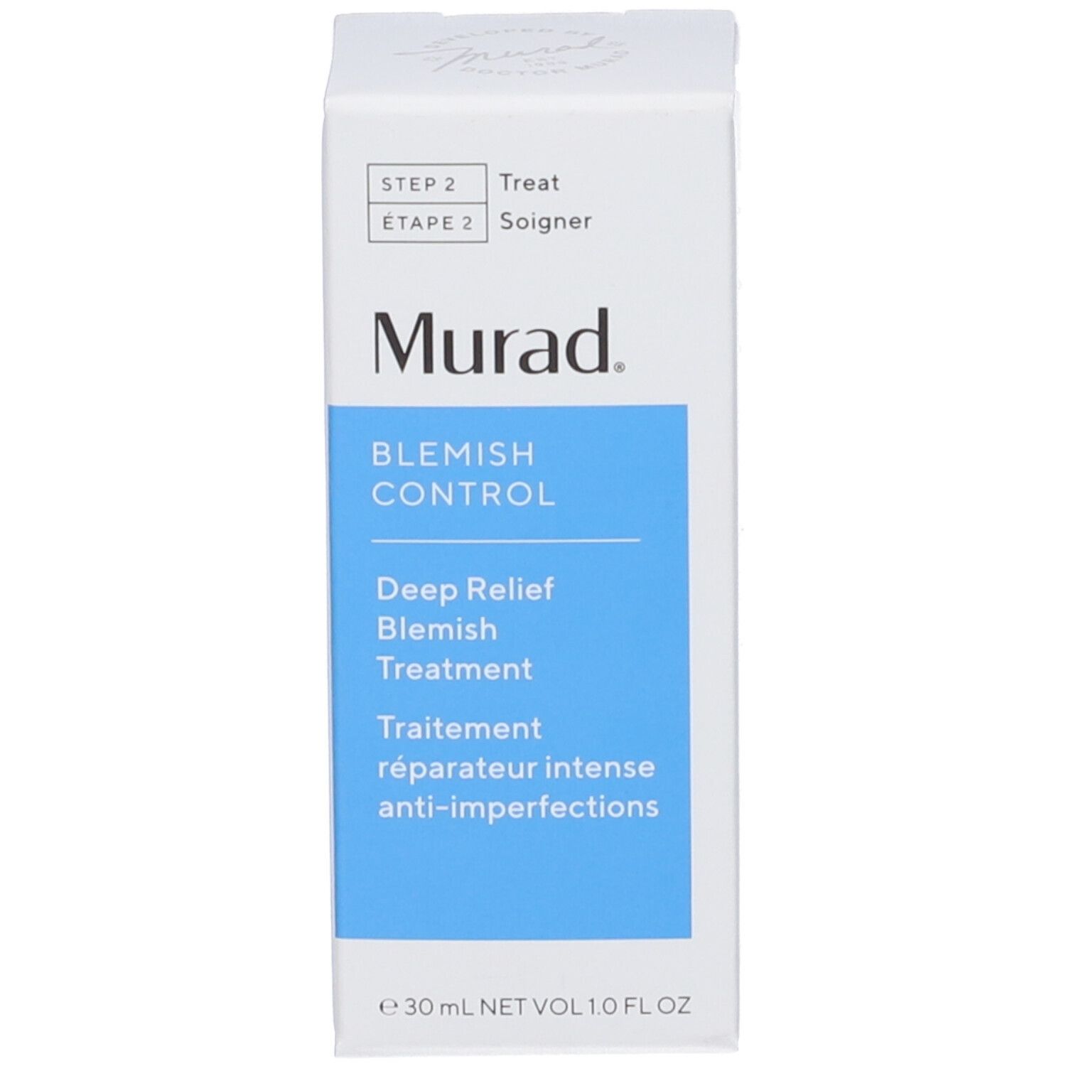 Emballage Murad Blemish Control. Blanc avec étiquette bleue. Informations produit.