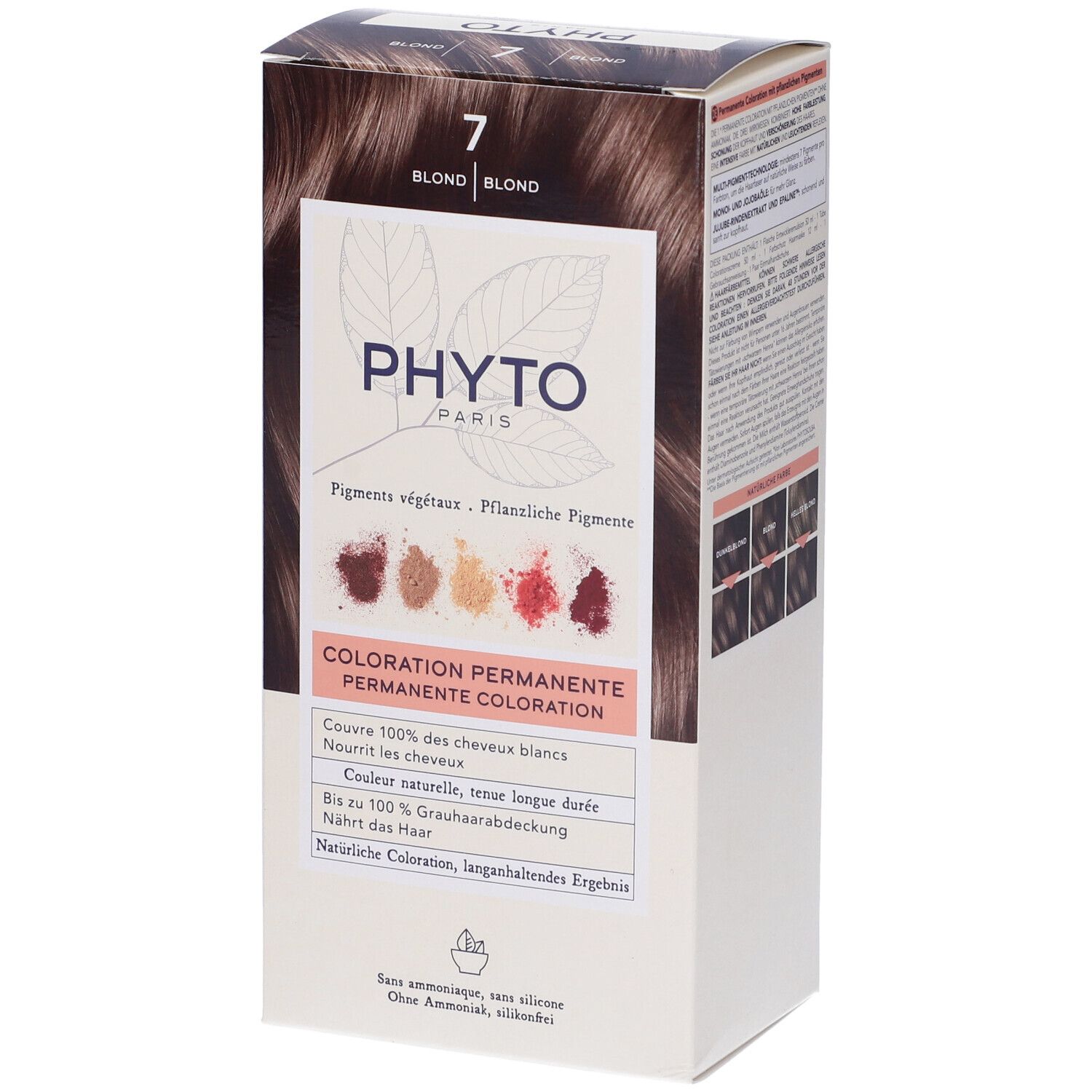 Phyto Paris permanente haarkleuring doos, tint 7 Blond. Zonder ammoniak en siliconen.