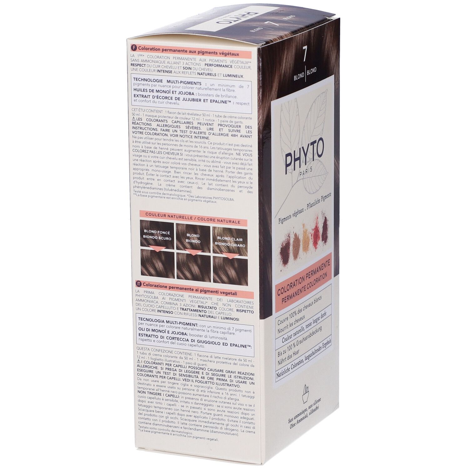 Phyto haarkleuringsdoos, tint 7 Blond. Bevat informatie en kleurstalen.
