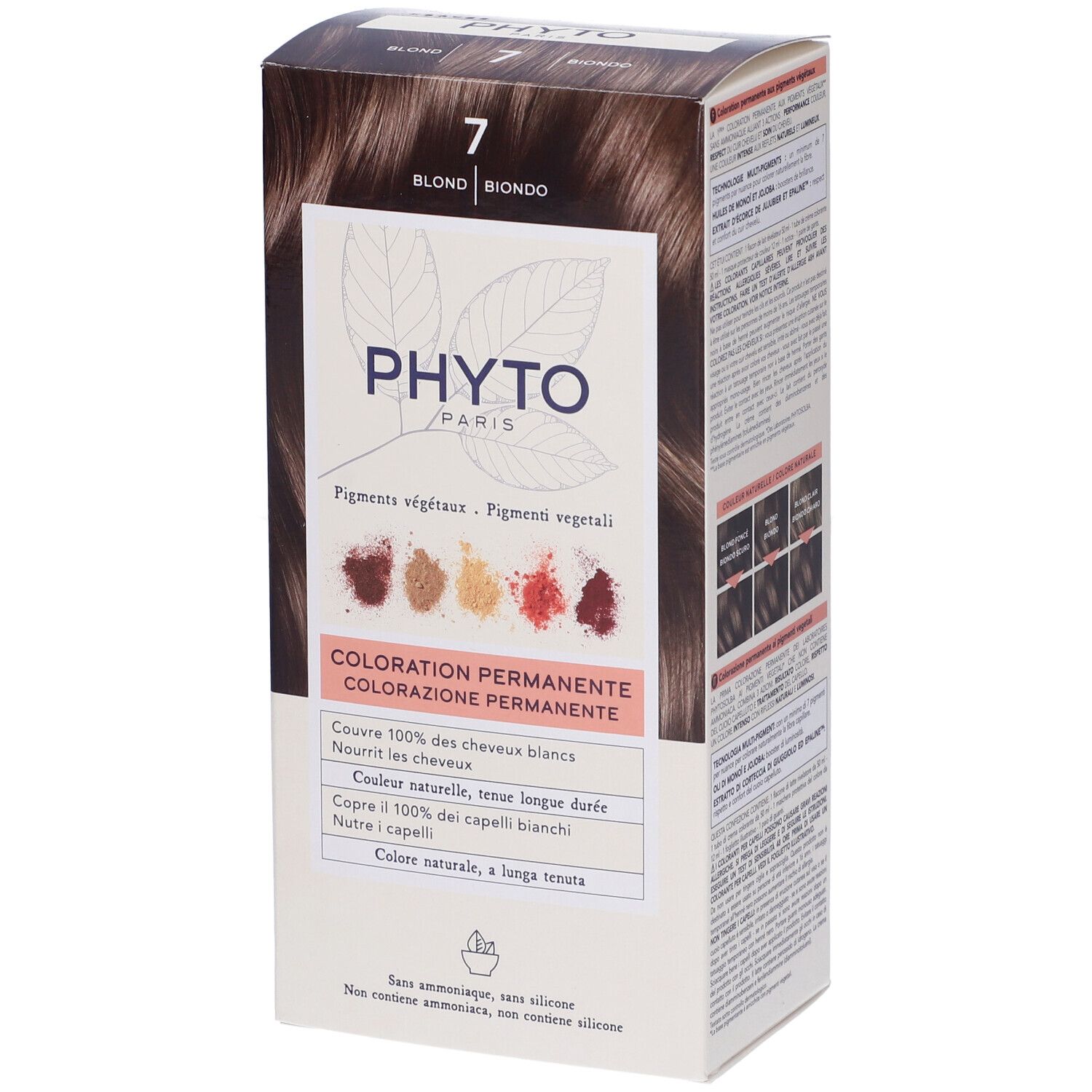 Phyto Paris haarkleurverpakking, tint 7 Blond. Toont pigmentmonsters en informatie over permanente kleuring.