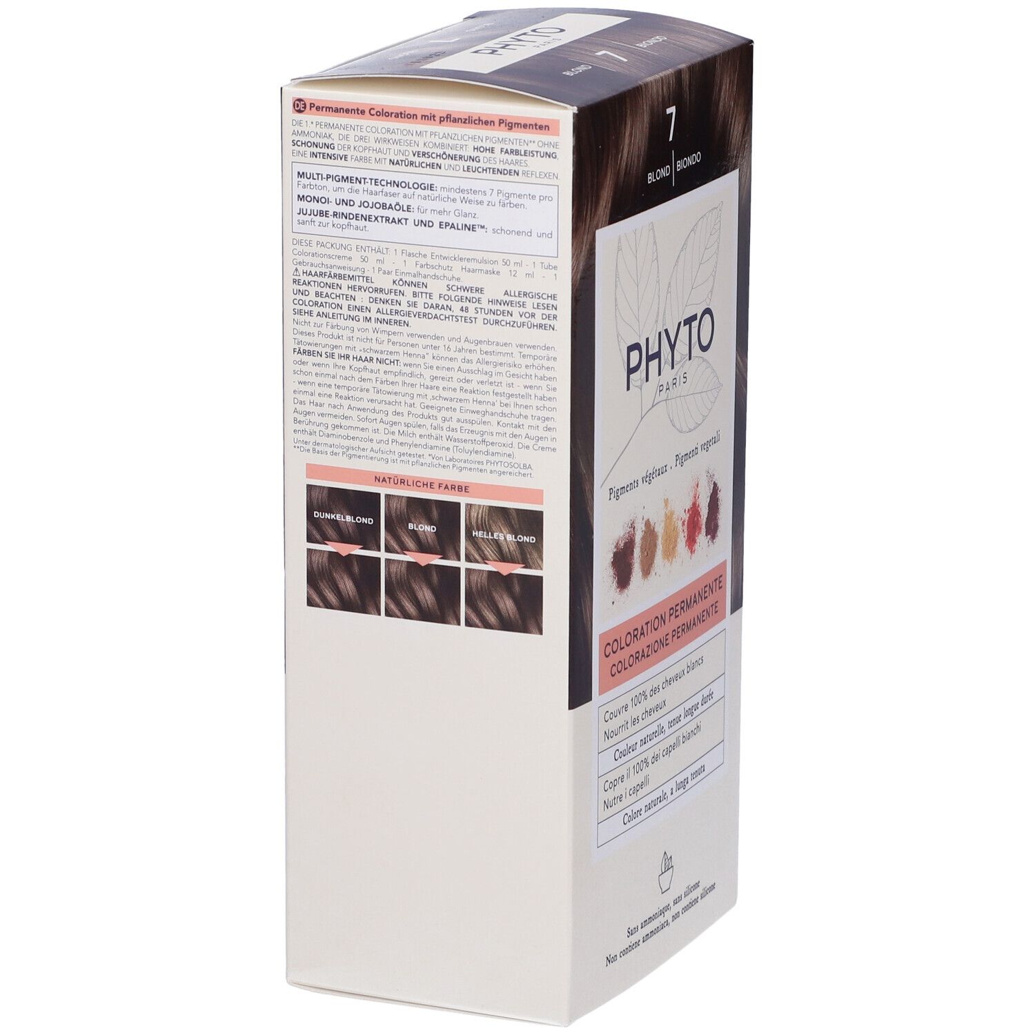 Phyto haarverf verpakking met informatie over permanente kleuring, tint 7 Blond.