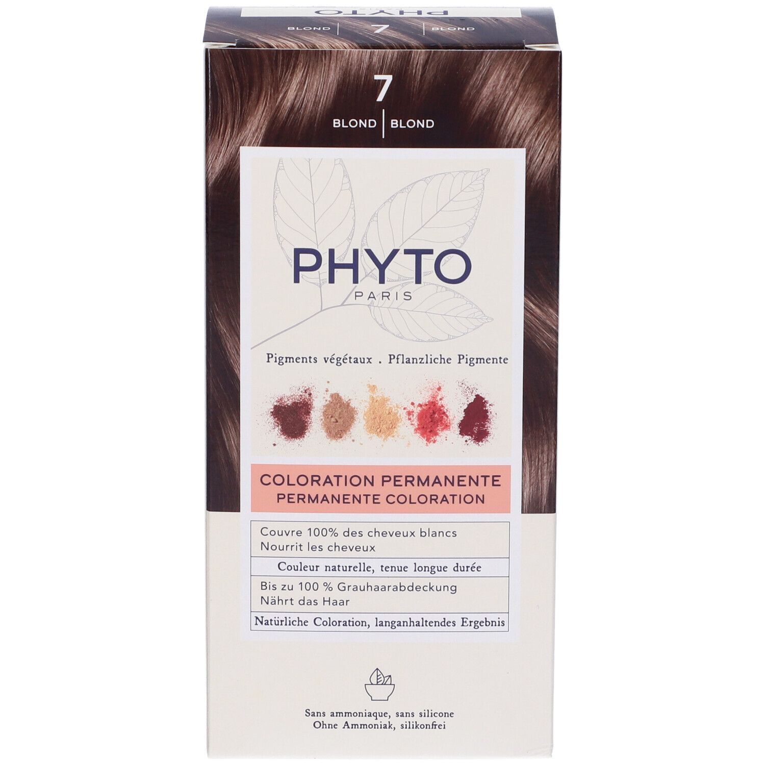 Phyto Paris haarkleuring, tint 7 Blond. Doos toont pigmentmonsters en informatie over grijsdekking.