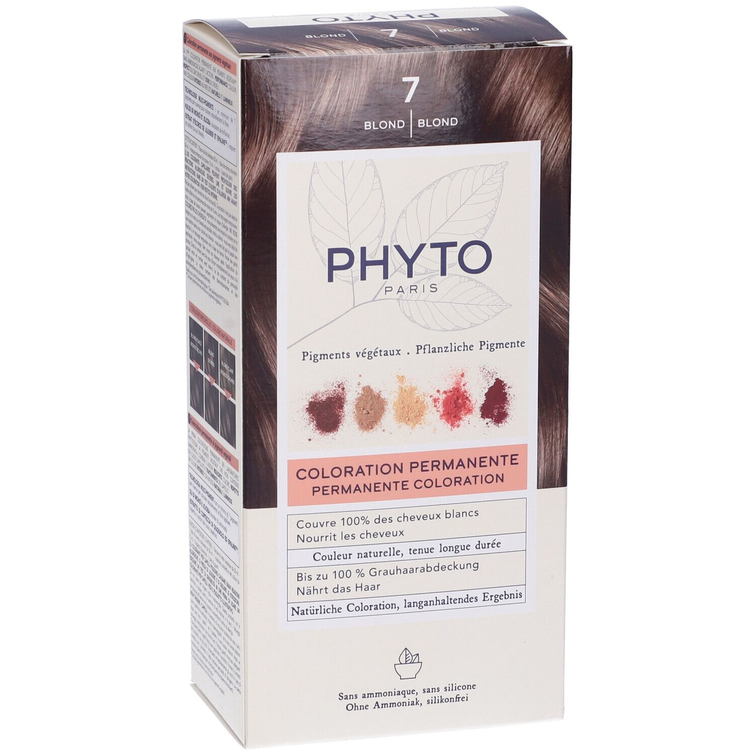 Phyto Paris permanente haarkleuring, tint 7 Blond. Toont kleurstalen en productinformatie.
