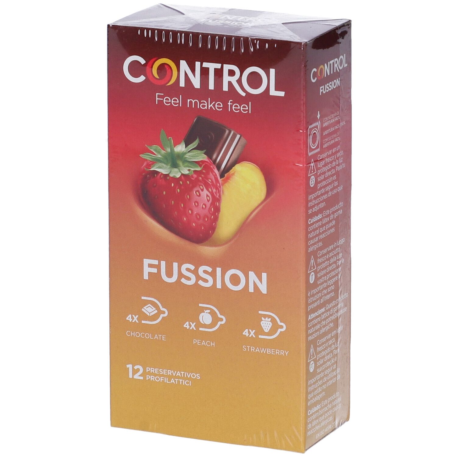 Boîte de préservatifs Control Fussion arôme fraise, pêche et chocolat. 12 unités.