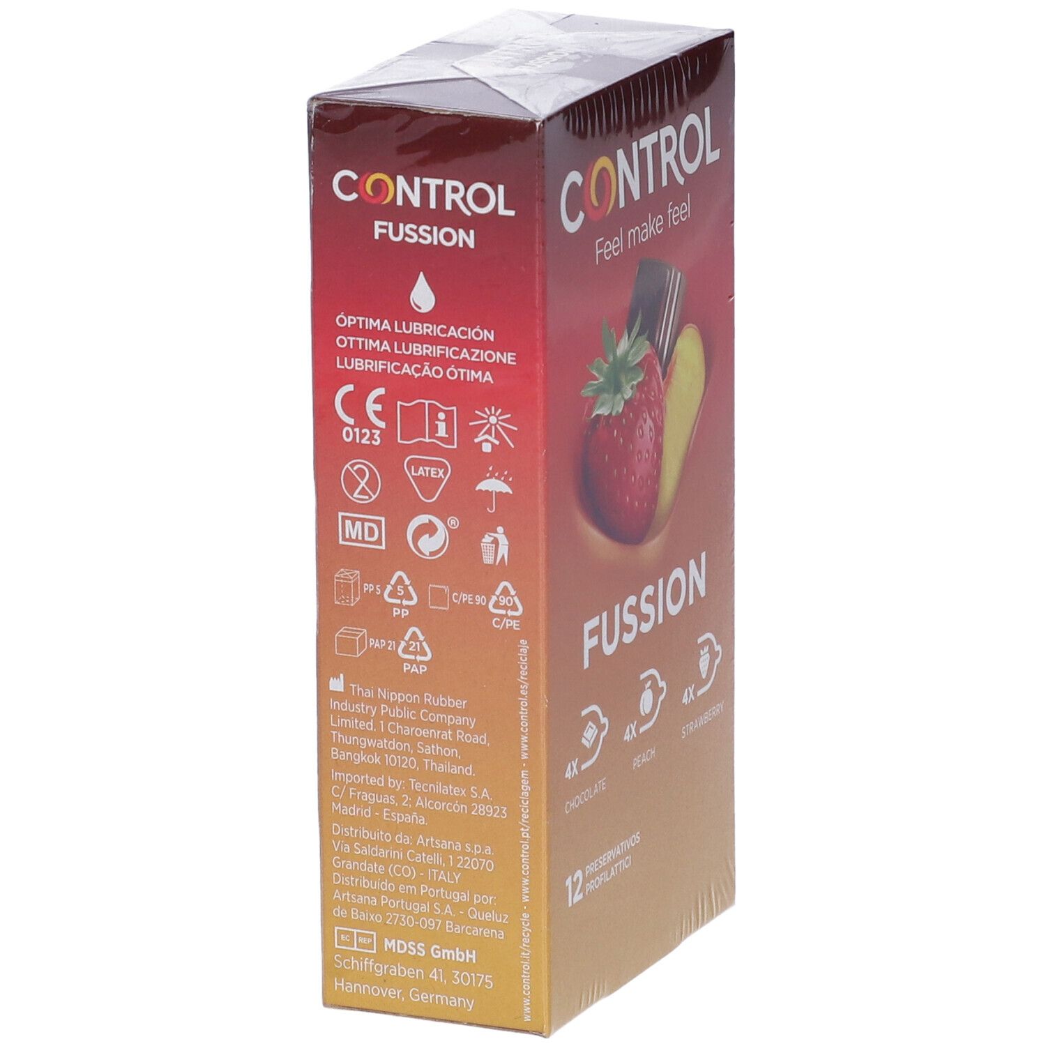 Vue latérale de la boîte de préservatifs Control Fussion avec marquage CE et informations produit.