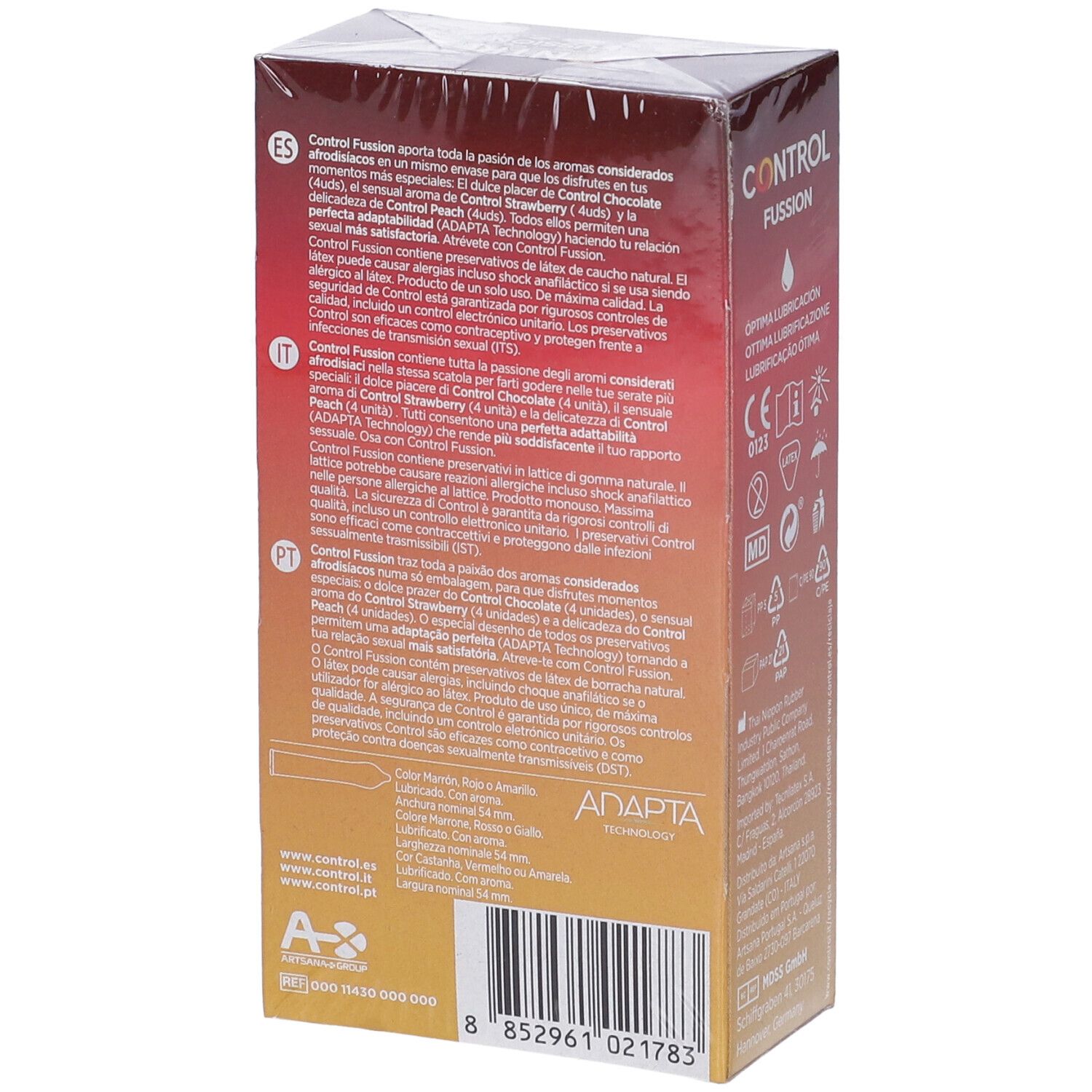 Arrière de la boîte de préservatifs Control Fussion avec descriptions produit en plusieurs langues.