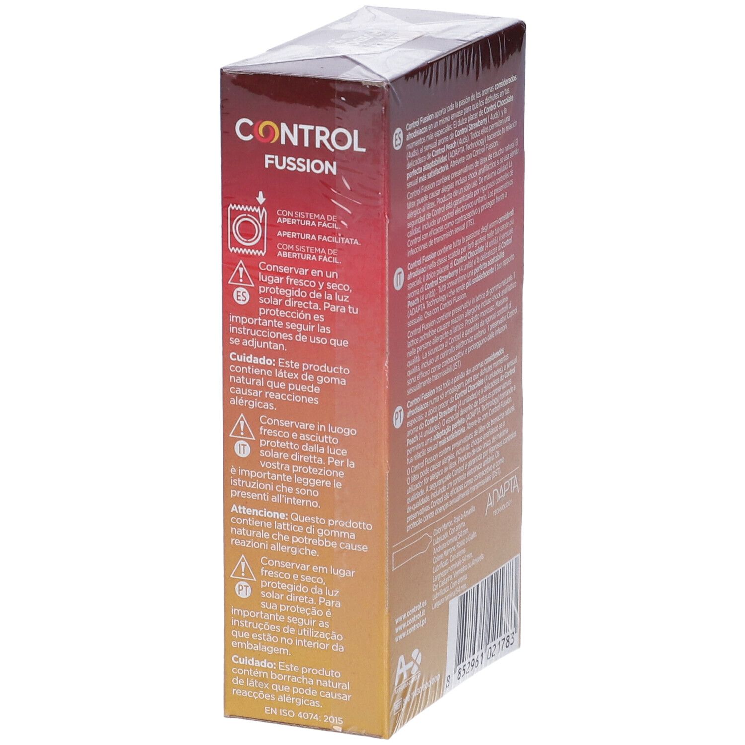 Vue latérale de la boîte de préservatifs Control Fussion avec instructions de stockage et d'utilisation.