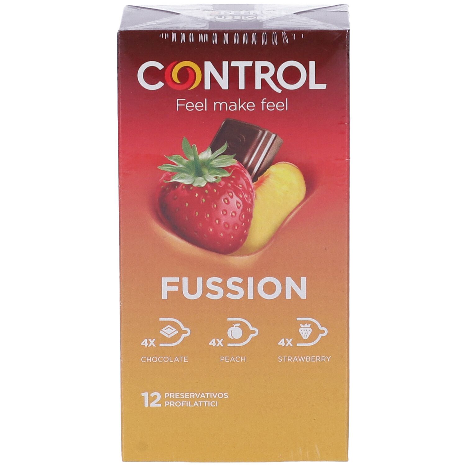 Boîte de préservatifs Control Fussion arôme fraise, pêche et chocolat. 12 unités.