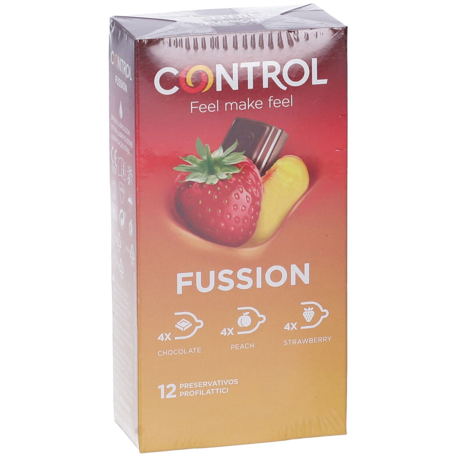 Boîte de préservatifs Control Fussion arôme fraise, pêche et chocolat. 12 unités.