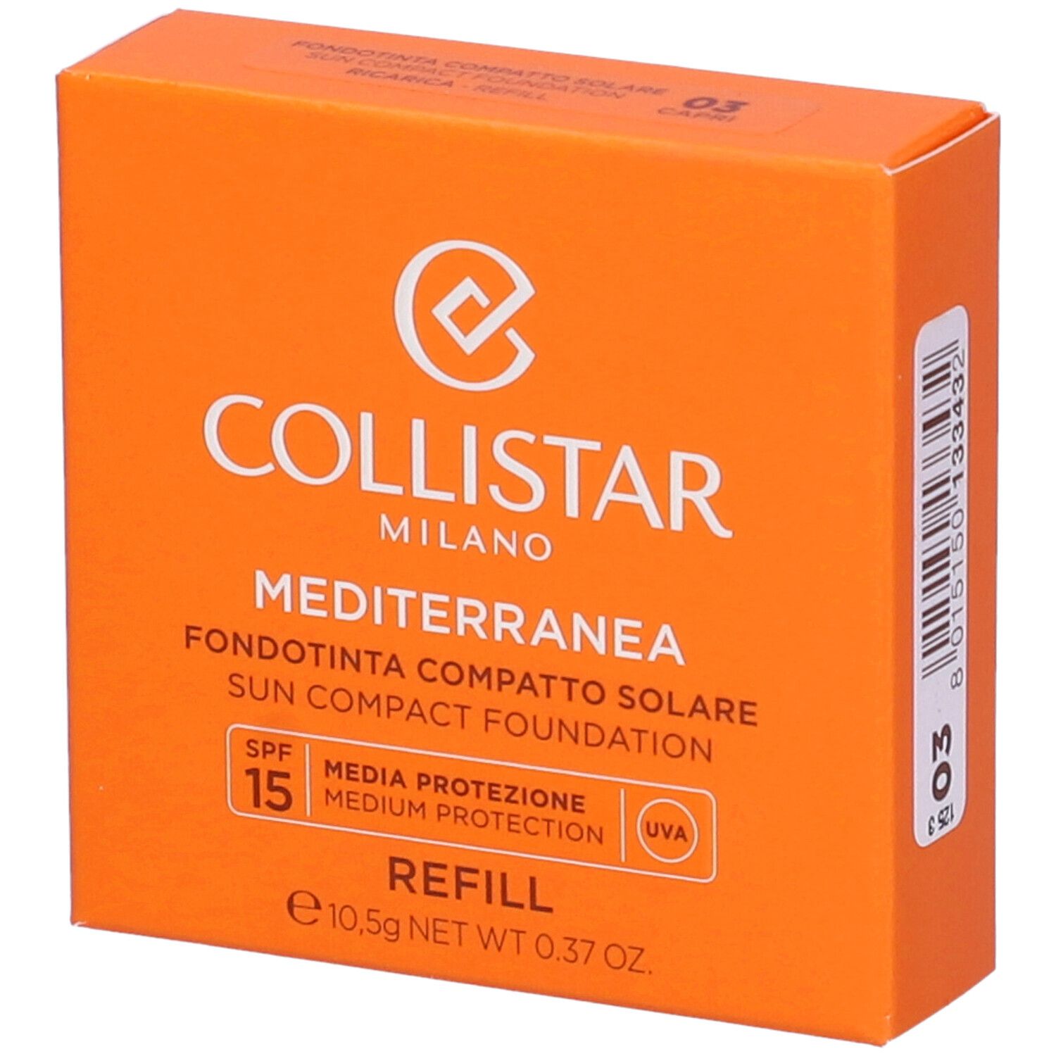 Oranje doos met productinfo. Merk Collistar, naam Mediterranea, SPF 15, Refill. Tint 03 Capri.