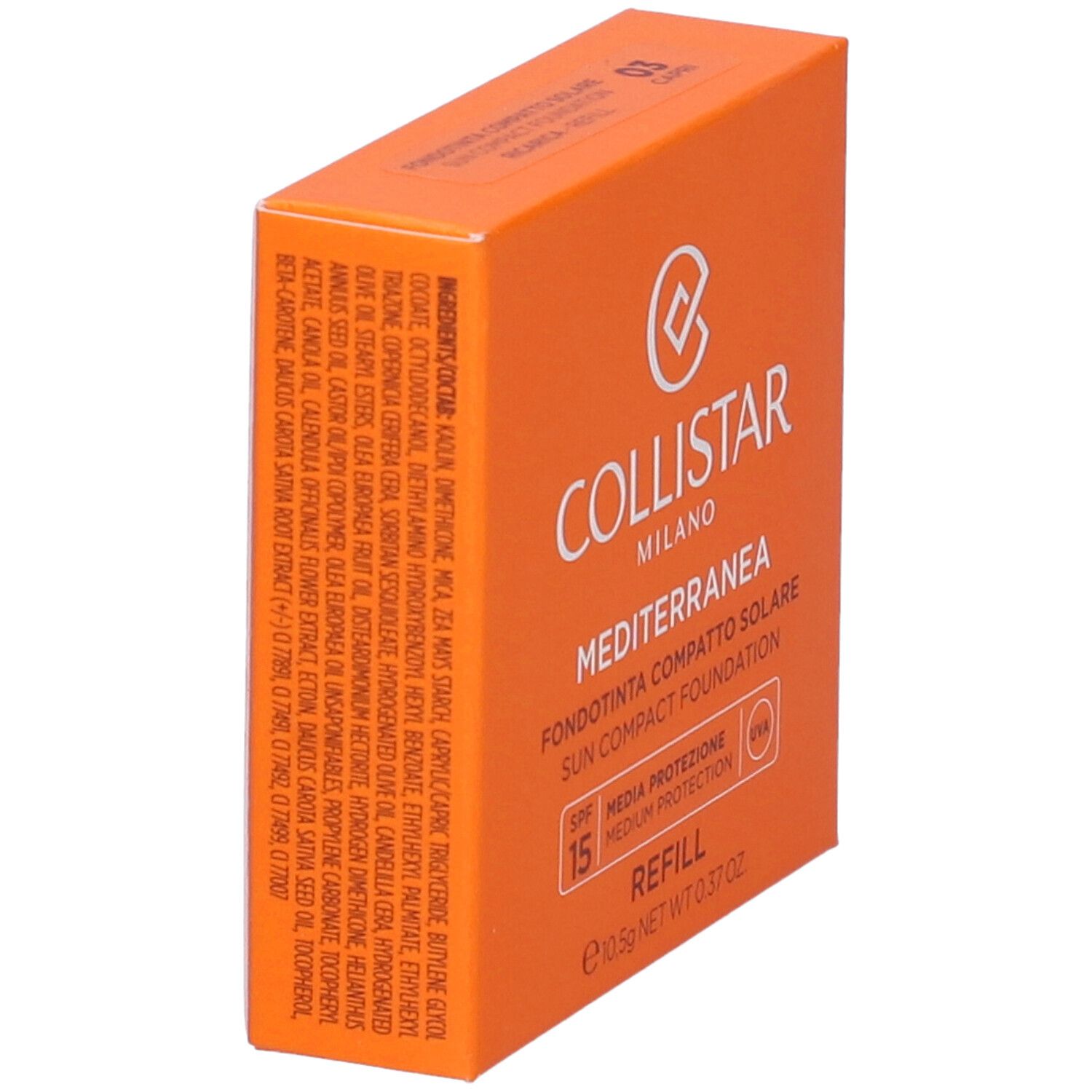 Oranje doos met productinfo. Merk Collistar, naam Mediterranea, SPF 15, Refill. Ingrediënten.