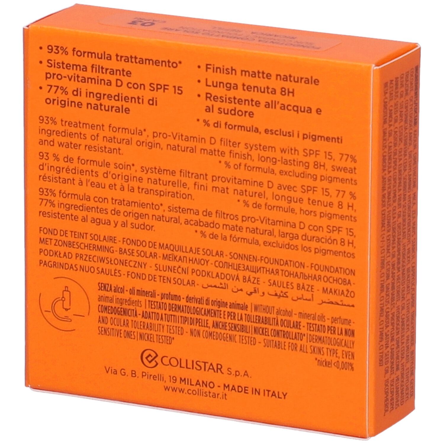 Oranje doos met productinfo. Tekst: 93% formule, SPF 15, 77% natuurlijke ingrediënten. Dermatologisch getest.