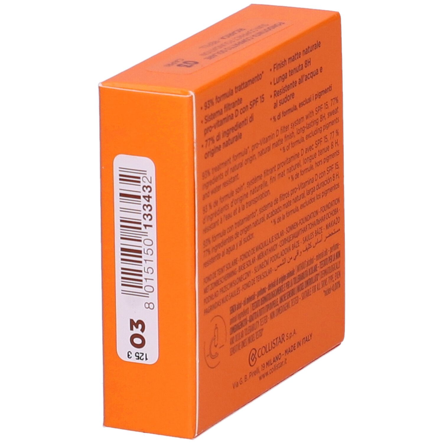 Oranje doos met productinfo. Barcode en tint 03. Merk Collistar.