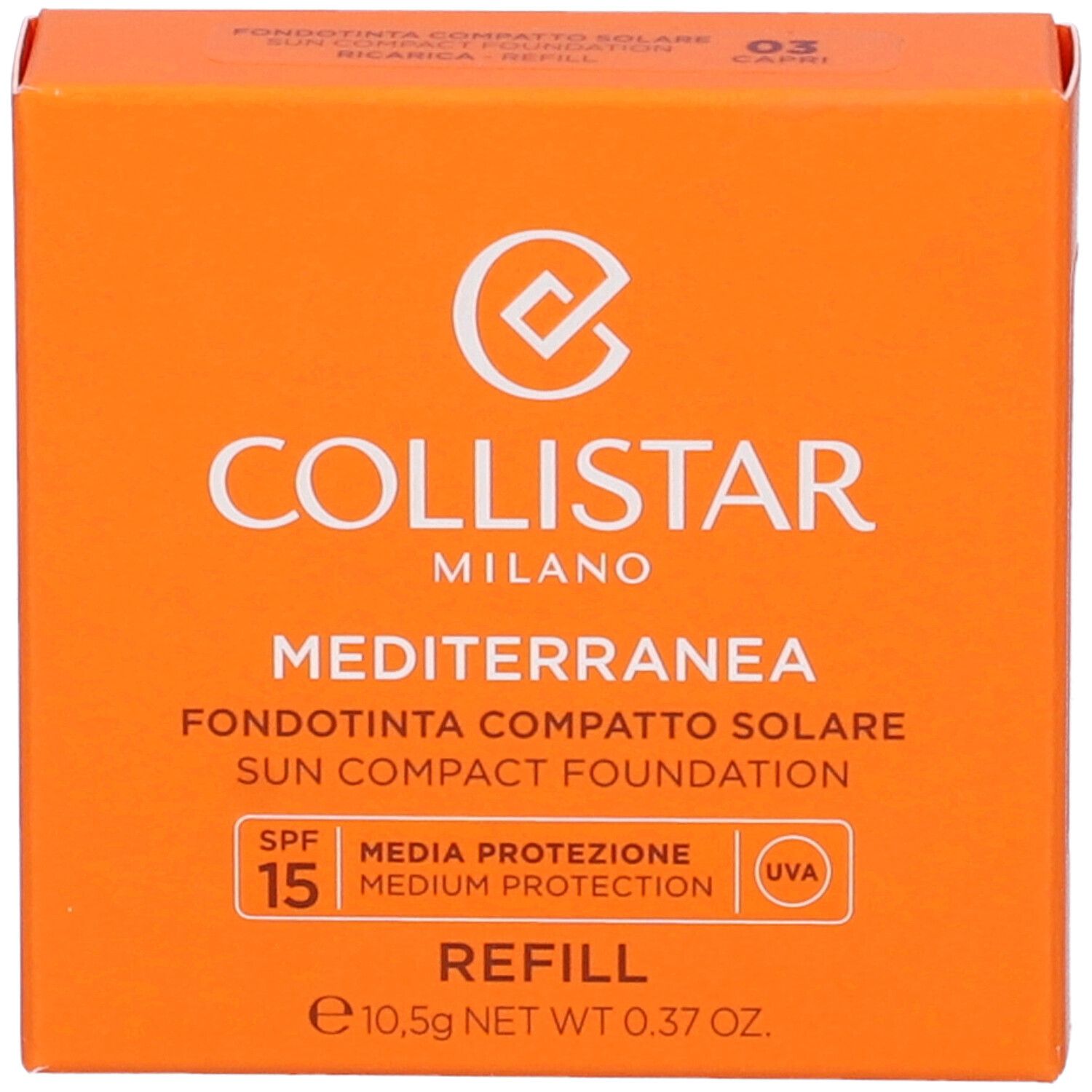 Oranje doos met productinfo. Merk Collistar, naam Mediterranea, SPF 15, Refill. Tint 03 Capri.