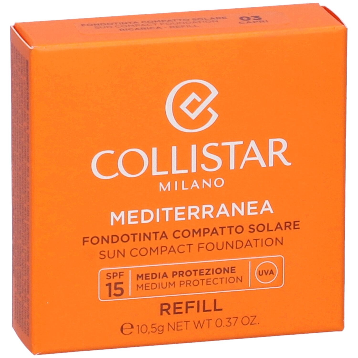 Oranje doos met productinfo. Merk Collistar, naam Mediterranea, SPF 15, Refill. Tint 03 Capri.