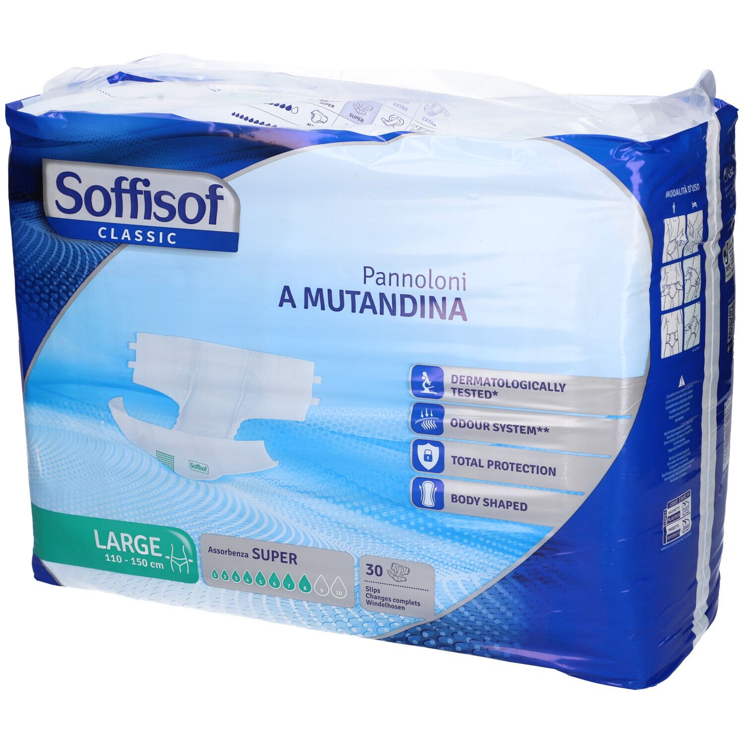 Verpakking luiers. Merk Soffisof Classic. Maat Large. Opschrift: Pannoloni a Mutandina. Dermatologisch getest.