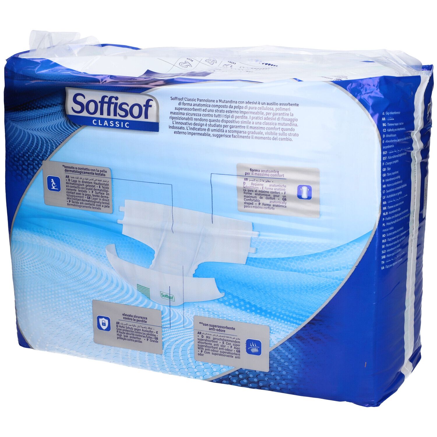 Verpakking luiers. Merk Soffisof Classic. Maat Large. Opschrift: Pannoloni a Mutandina. Met product informatie.