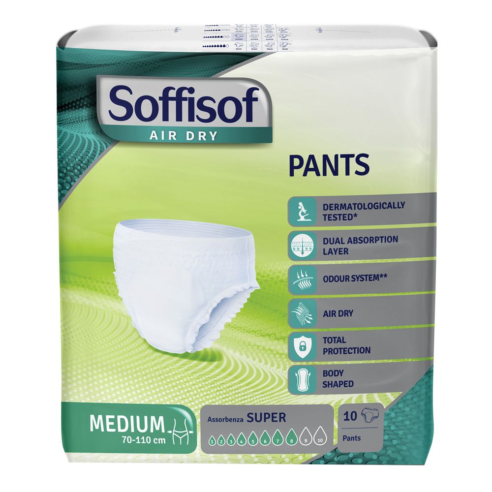 Verpakking Soffisof Air Dry Pants Super Medium. Witte pants, 10 stuks. Medium, 70-110 cm. Dermatologisch getest.