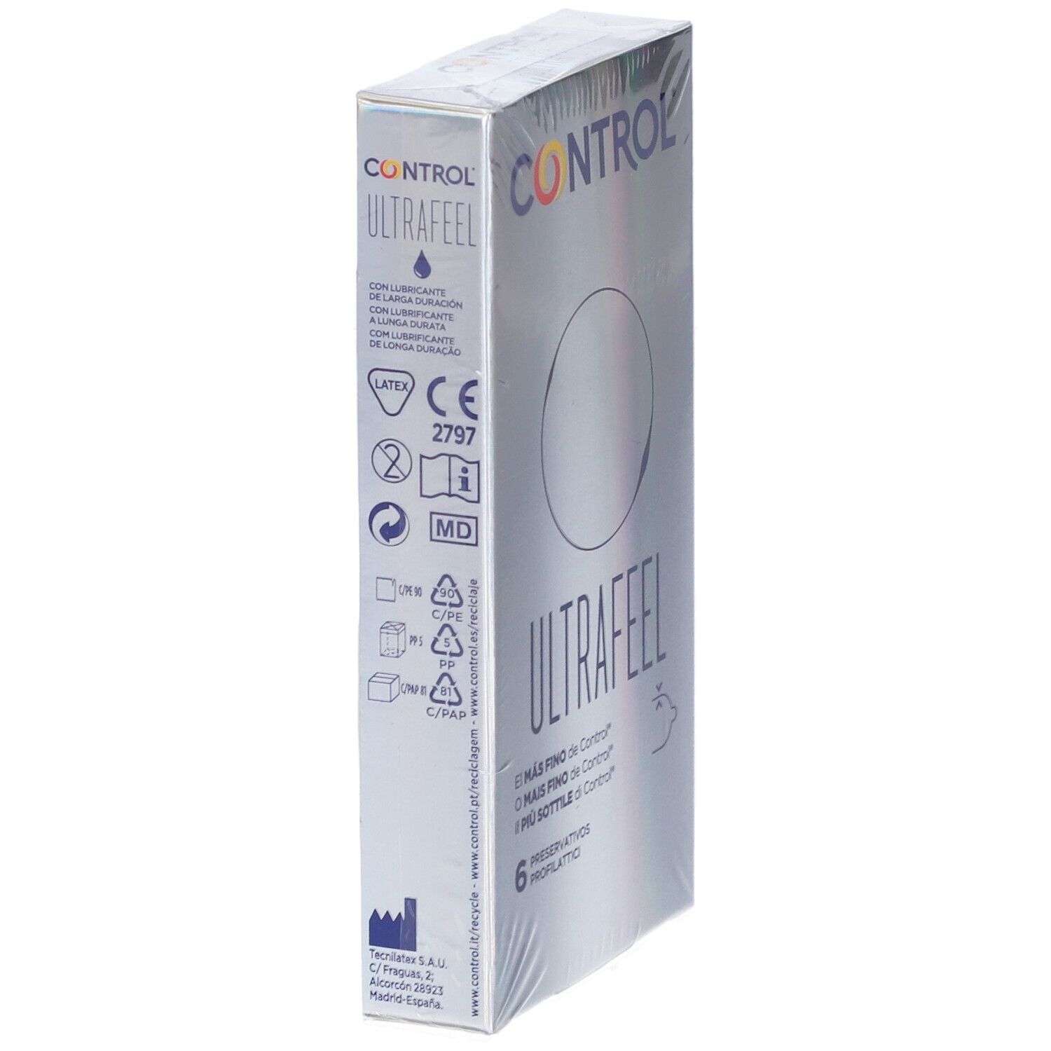 Boîte de préservatifs Control Ultra Feel, verso avec informations et marquage CE.