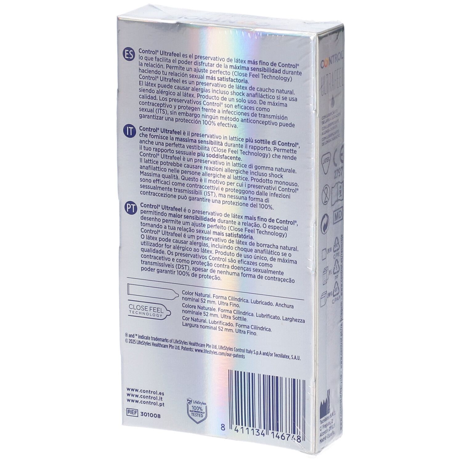 Boîte de préservatifs Control Ultra Feel, côté avec informations produit multilingues.