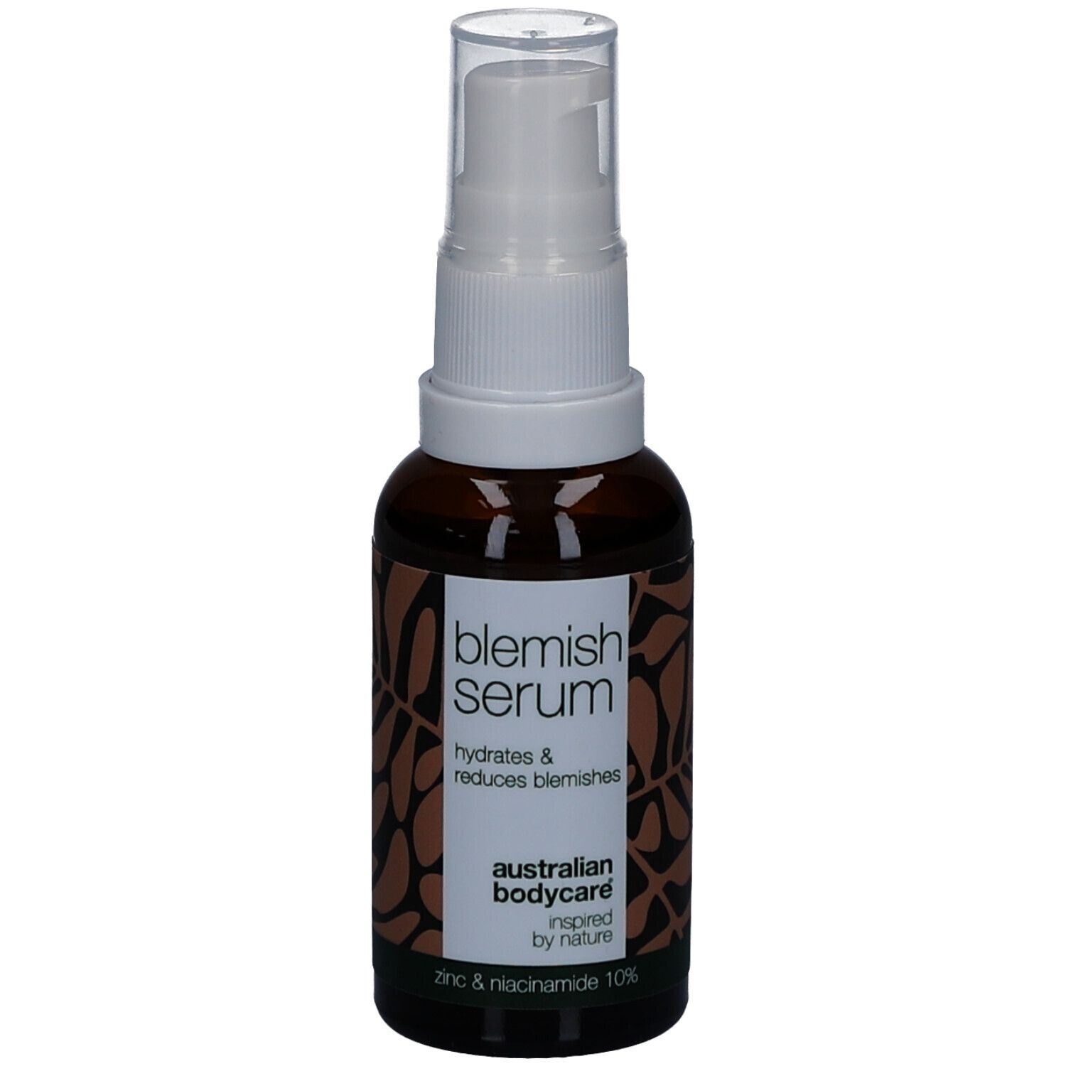 Flacon marron avec pompe blanche. Inscription : Blemish Serum, hydrate et réduit les imperfections.