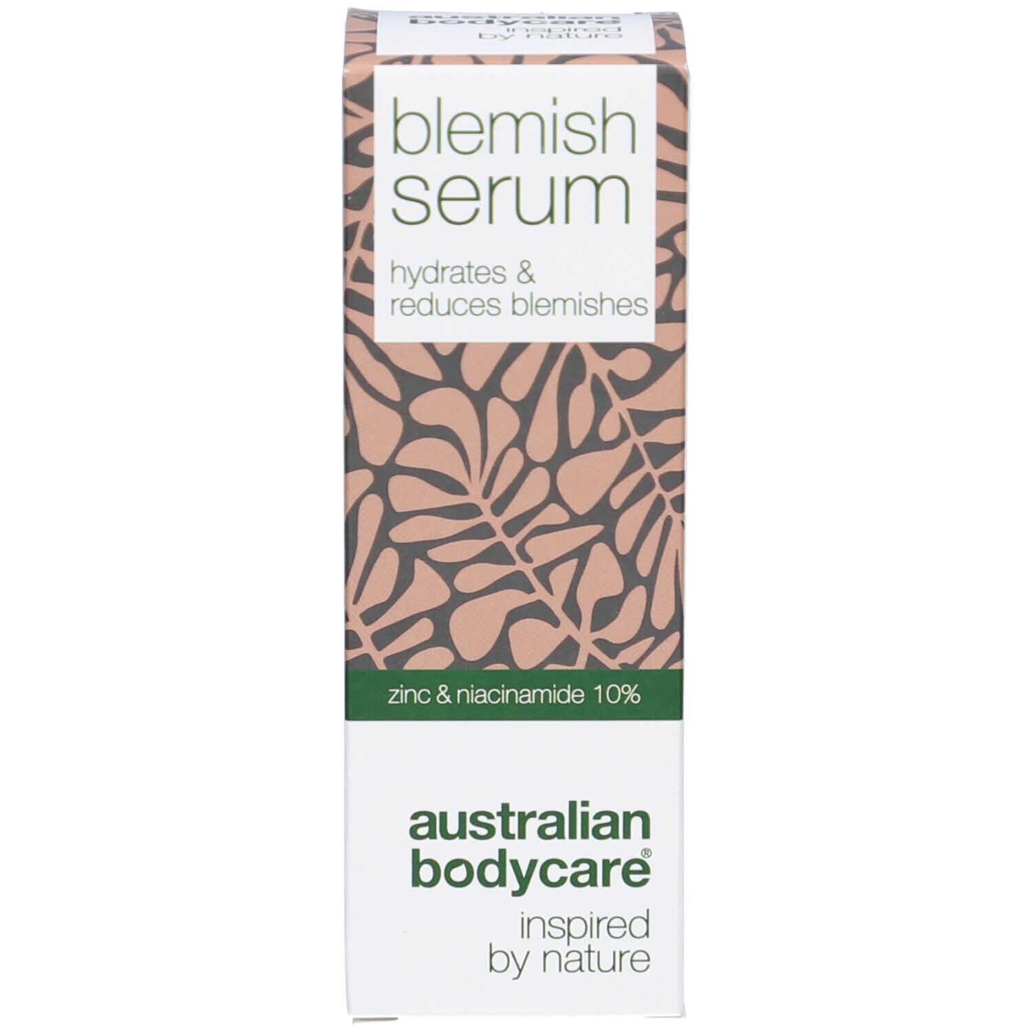Emballage du produit. Inscription : Blemish Serum, hydrate et réduit les imperfections. Avec texte.