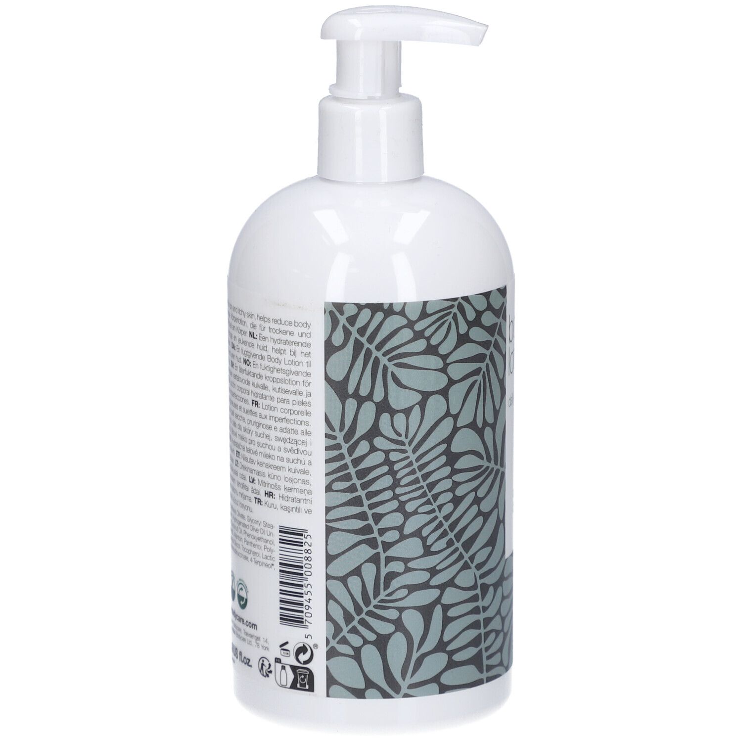 Flacon blanc avec pompe. Étiquette avec motif floral et texte. Dos avec texte.