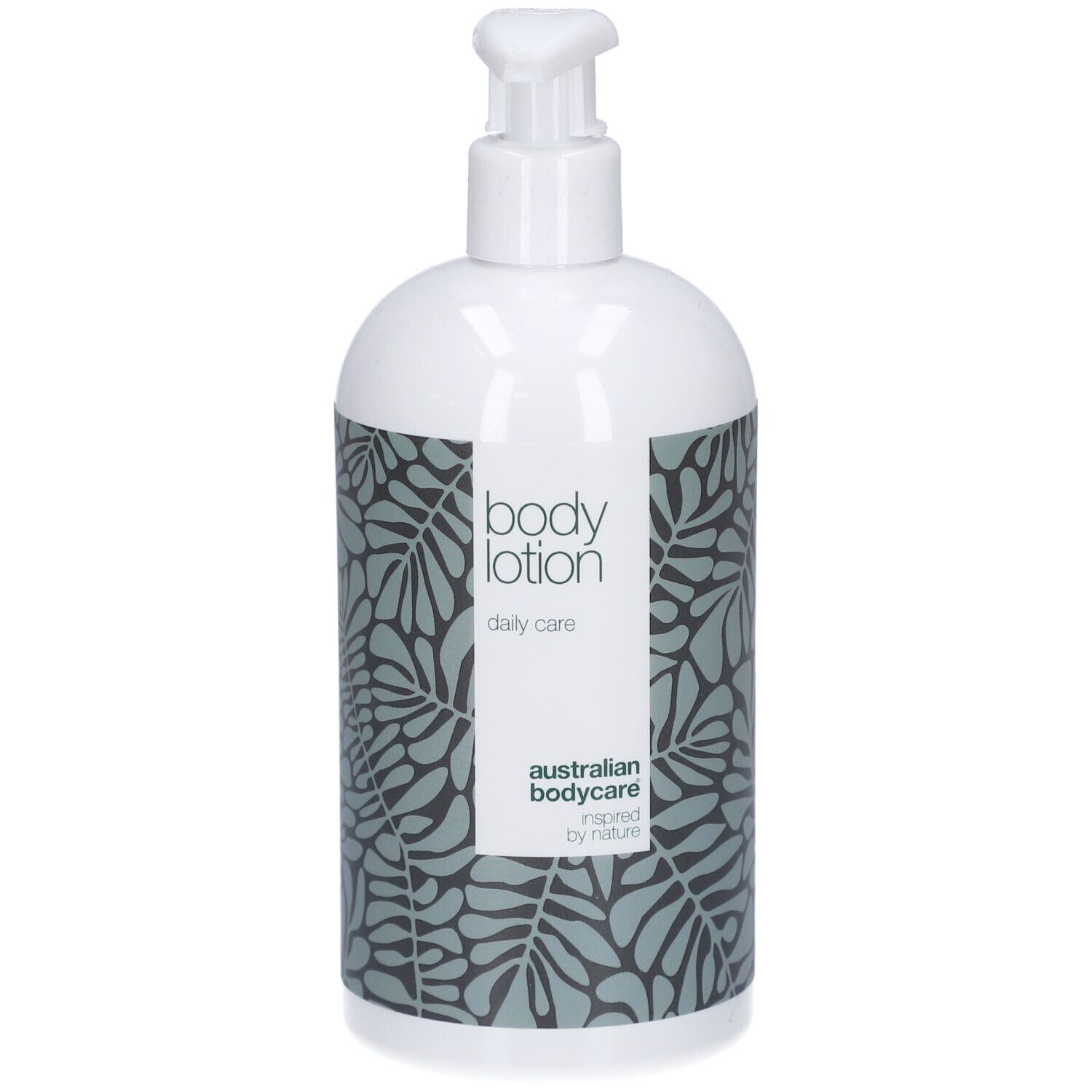 Flacon blanc avec pompe. Étiquette avec motif floral et texte: body lotion, australian bodycare.