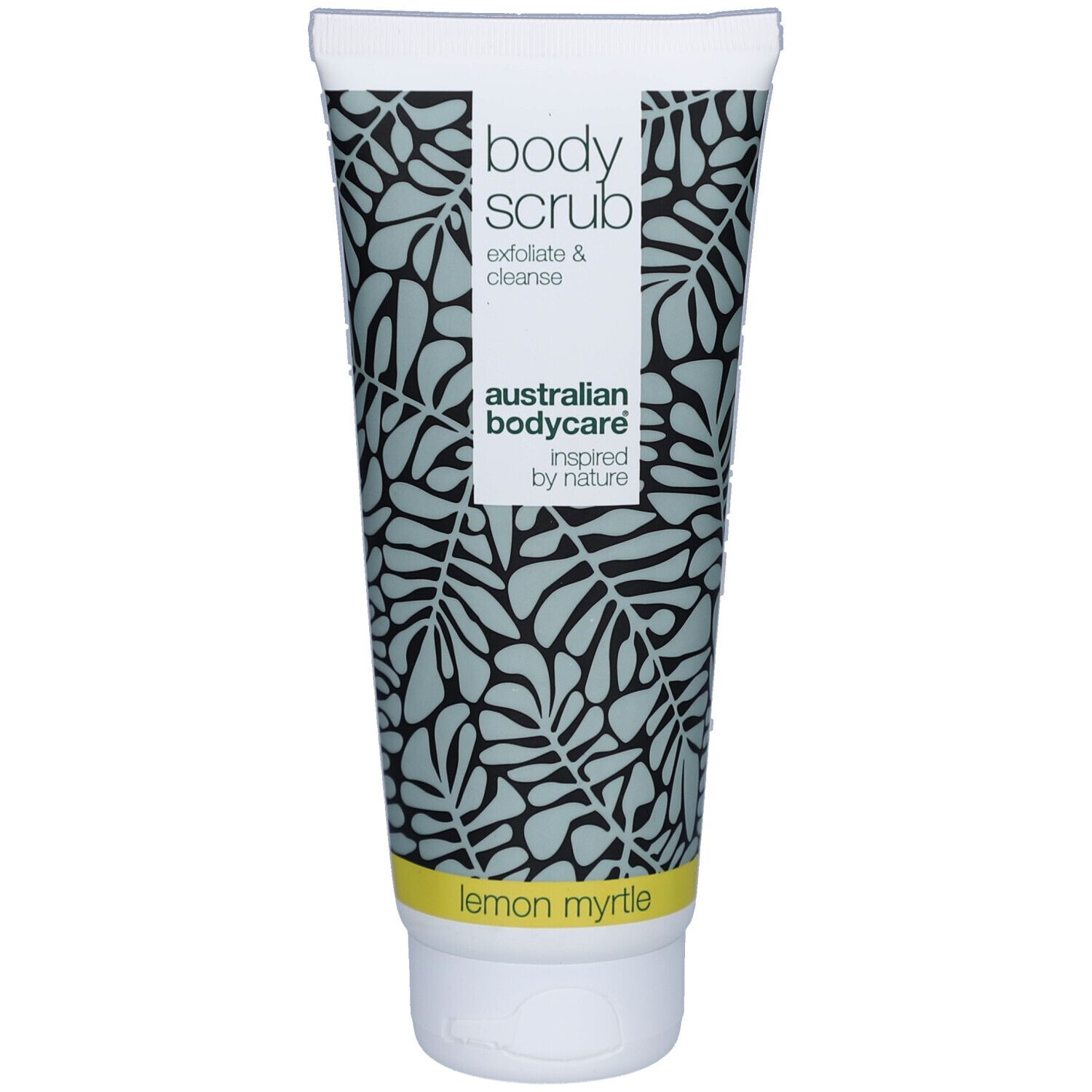 Body scrub tube. Witte dop, grijs bladpatroon. Tekst: body scrub, exfoliate & cleanse, Australian Bodycare.