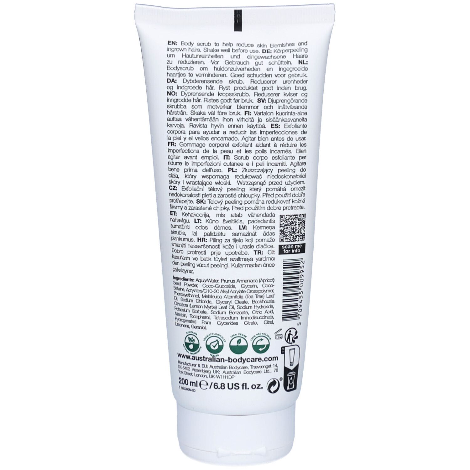 Achterkant body scrub tube. Meertalige tekst, ingrediënten, QR-code, logo Australian Bodycare, 200 ml.
