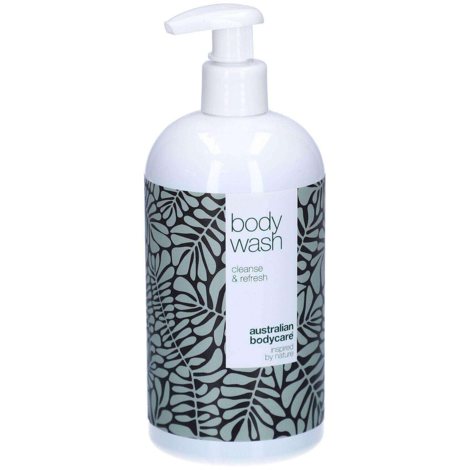 Flacon pompe blanc avec gel douche, motif feuilles et logo Australian Bodycare.