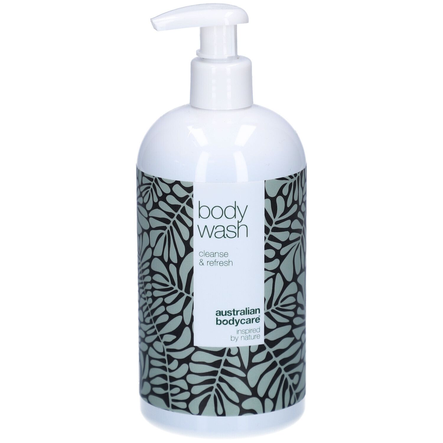 Flacon blanc avec pompe, imprimé de feuilles vertes. Étiquette : 'body wash', 'cleanse & refresh', 'australian bodycare'.