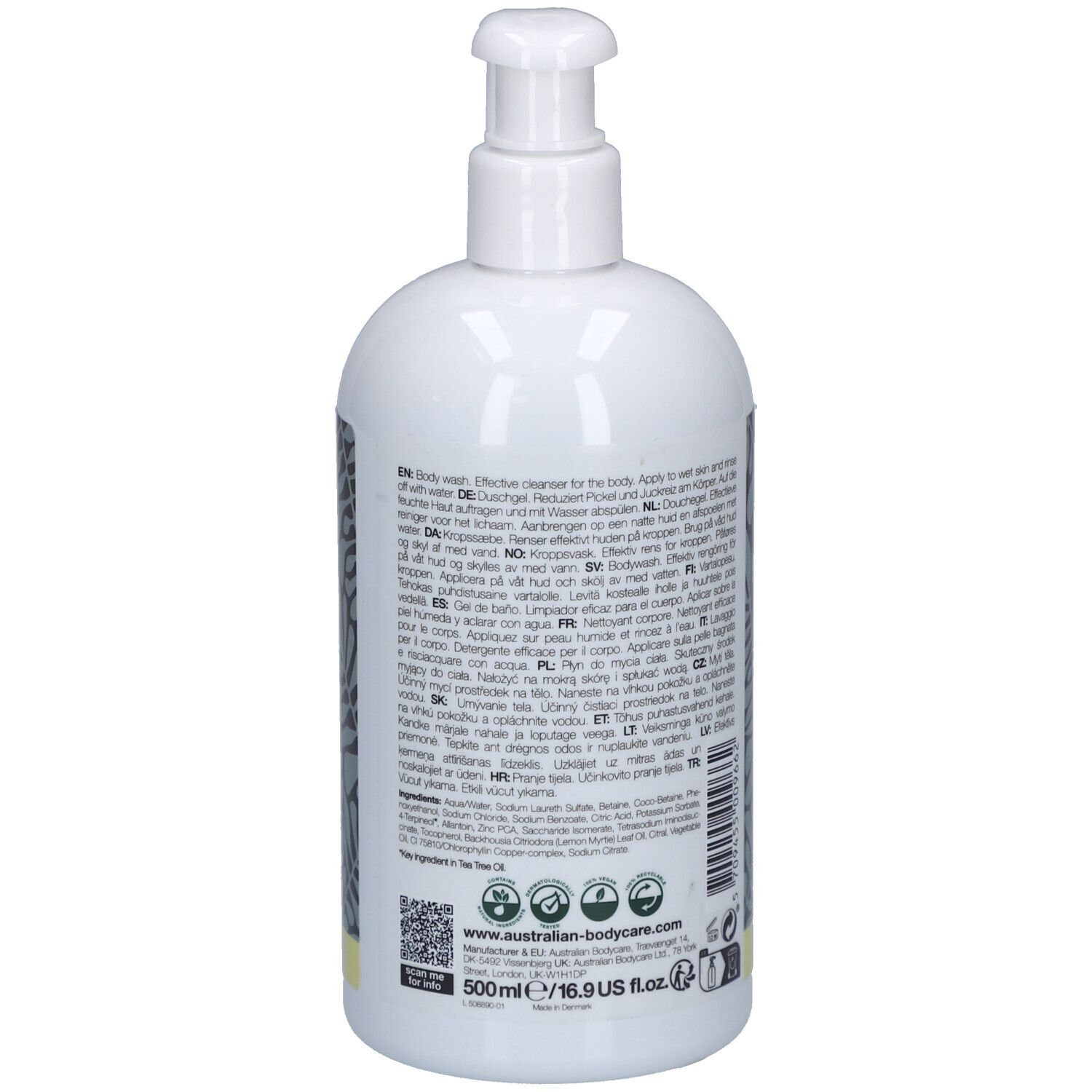 Flacon pompe blanc avec nettoyant corporel, 500ml.