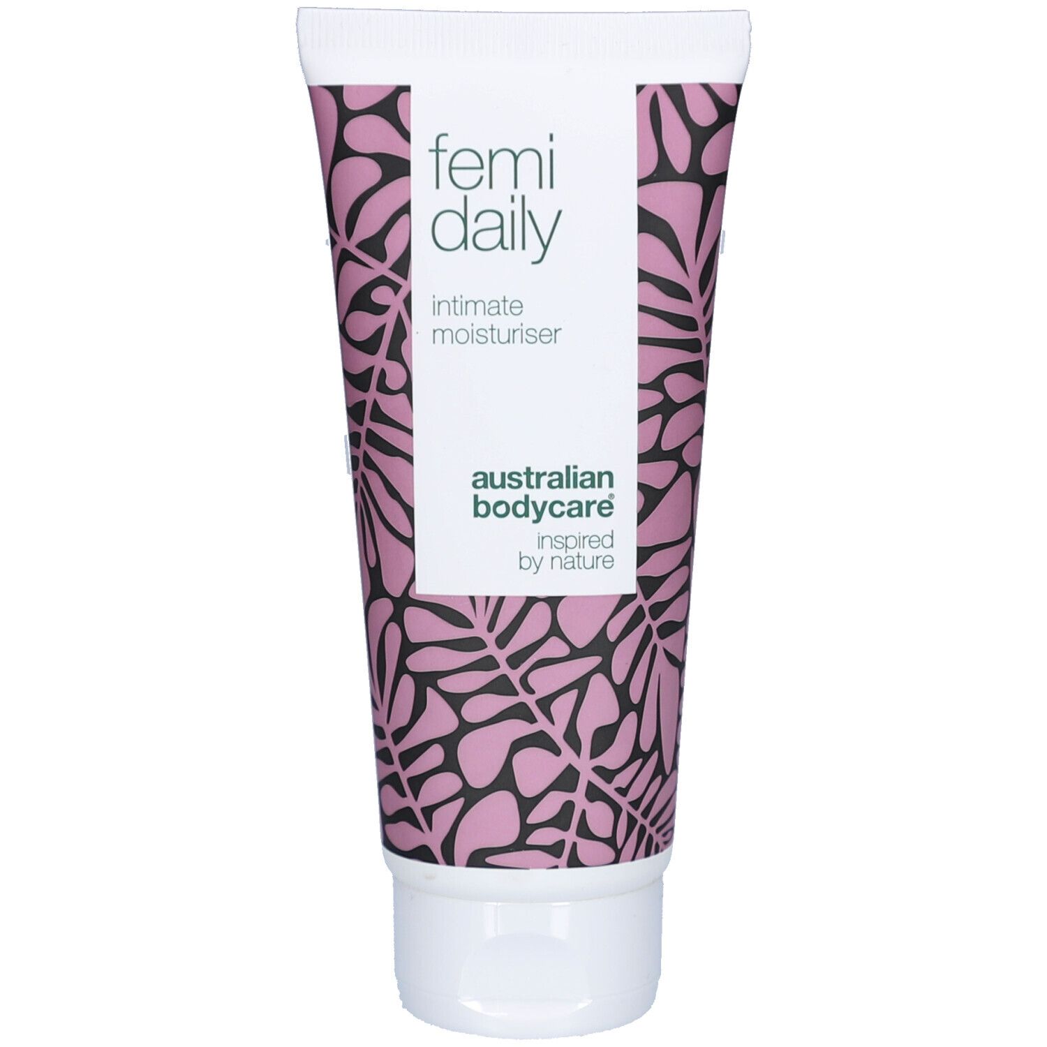 Tube Femi Daily Intimate Moisturiser. Witte dop, paars patroon. Tekst: Australian Bodycare.