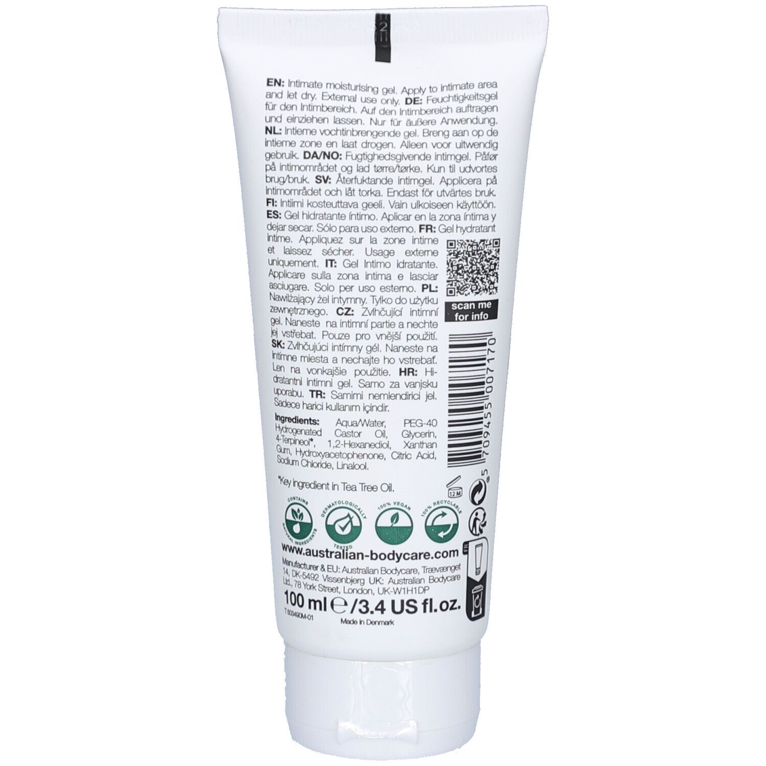 Achterkant tube Femi Daily. Meertalige tekst, ingrediënten, fabrikantinfo.