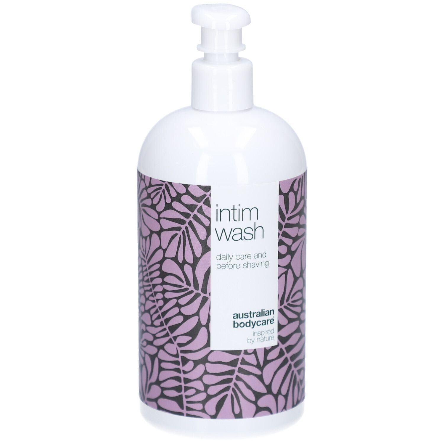 Flacon blanc avec motif violet et texte: Intim Wash. Australian Bodycare.